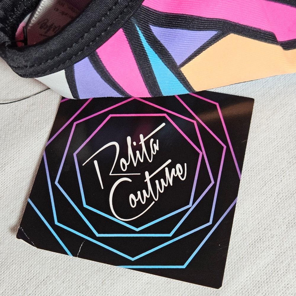 Rolita Couture Bold Colorful Neon Stained Glass Print Festival Buckle Crop Top - Picture 13 of 14